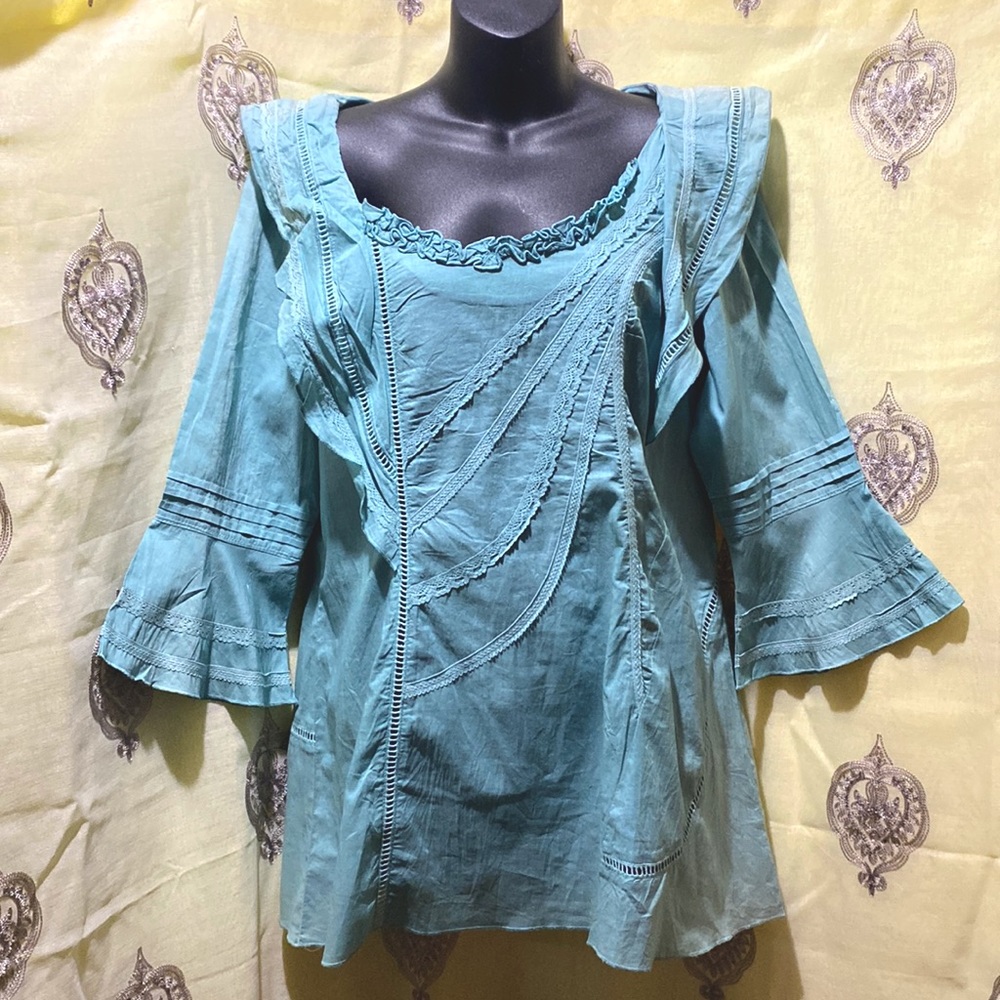 LOVE, POLLY AQUA SCOOP NECK BELL SLEEVE TUNIC BLOUSE SZ M